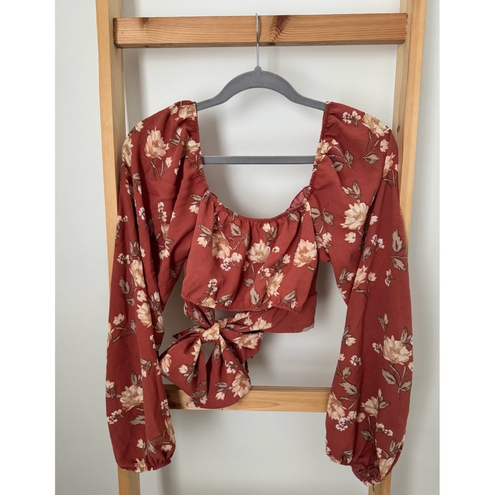 Altar'd State Floral Longโ Sleeve Crop Top Tie in Back BOHO Fall large (B6)